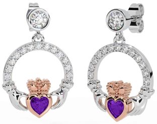 Diamond Amethyst Rose Gold Silver Claddagh Dangle Earrings