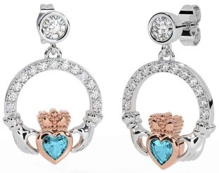 Diamond Aquamarine Rose Gold Silver Claddagh Dangle Earrings