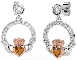 Diamond Citrine Rose Gold Silver Claddagh Dangle Earrings