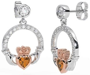 Diamond Citrine Rose Gold Silver Claddagh Dangle Earrings