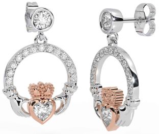 Diamond Rose Gold Silver Claddagh Dangle Earrings
