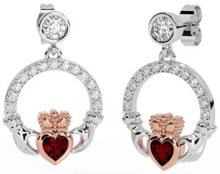Diamond Garnet Rose Gold Silver Claddagh Dangle Earrings