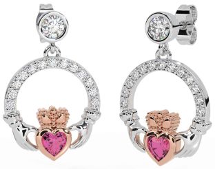 Diamond Pink Tourmaline Rose Gold Silver Claddagh Dangle Earrings
