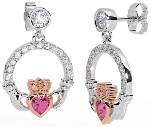 Diamond Pink Tourmaline Rose Gold Silver Claddagh Dangle Earrings