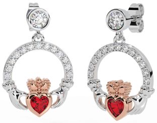 Diamond Ruby Rose Gold Silver Claddagh Dangle Earrings