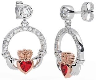Diamond Ruby Rose Gold Silver Claddagh Dangle Earrings