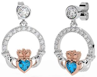Diamond Topaz Rose Gold Silver Claddagh Dangle Earrings