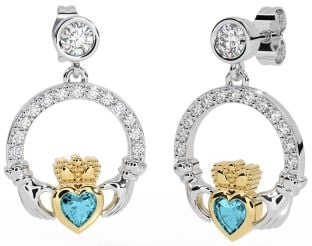 Diamond Aquamarine Gold Silver Claddagh Dangle Earrings
