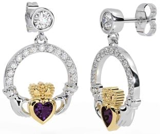 Diamond Alexandrite Gold Silver Claddagh Dangle Earrings