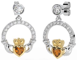 Diamond Citrine Gold Silver Claddagh Dangle Earrings