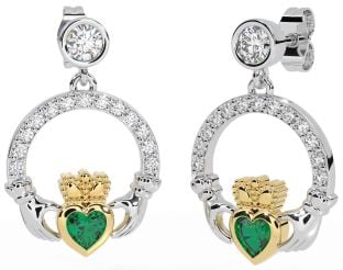 Diamond Emerald Gold Silver Claddagh Dangle Earrings