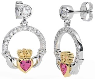 Diamond Pink Tourmaline Gold Silver Claddagh Dangle Earrings