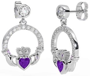 Diamond Amethyst White Gold Claddagh Dangle Earrings
