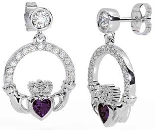 Diamond Alexandrite White Gold Claddagh Dangle Earrings
