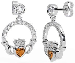 Diamond Citrine White Gold Claddagh Dangle Earrings