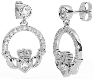 Diamond White Gold Claddagh Dangle Earrings