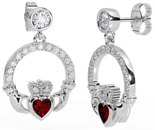 Diamond Garnet White Gold Claddagh Dangle Earrings