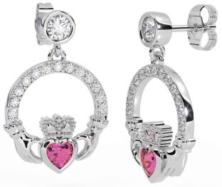 Diamond Pink Tourmaline White Gold Claddagh Dangle Earrings
