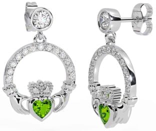 Diamond Peridot White Gold Claddagh Dangle Earrings