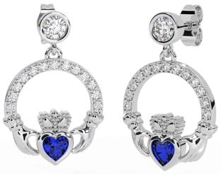 Diamond Sapphire White Gold Claddagh Dangle Earrings