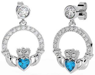 Diamond Topaz White Gold Claddagh Dangle Earrings