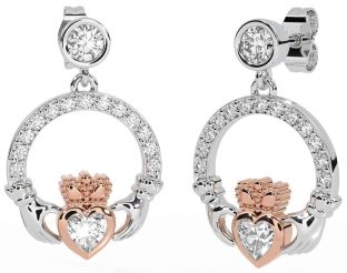 Diamond White Rose Gold Claddagh Dangle Earrings