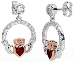 Diamond Garnet White Rose Gold Claddagh Dangle Earrings