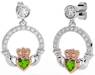 Diamond Peridot White Rose Gold Claddagh Dangle Earrings