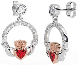 Diamond Ruby White Rose Gold Claddagh Dangle Earrings