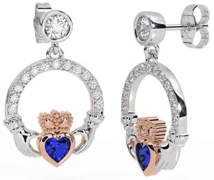 Diamond Sapphire White Rose Gold Claddagh Dangle Earrings