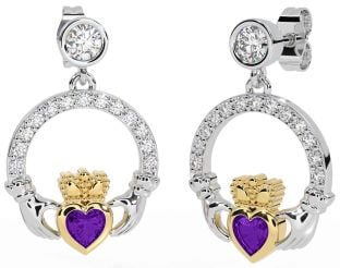 Diamond Amethyst White Yellow Gold Claddagh Dangle Earrings