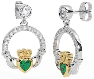 Diamond Emerald White Yellow Gold Claddagh Dangle Earrings