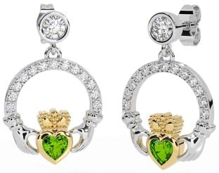 Diamond Peridot White Yellow Gold Claddagh Dangle Earrings