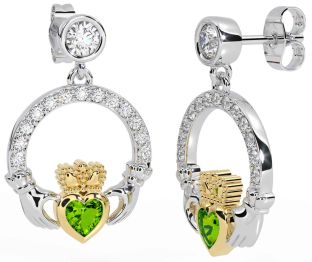 Diamond Peridot White Yellow Gold Claddagh Dangle Earrings