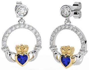 Diamond Sapphire White Yellow Gold Claddagh Dangle Earrings