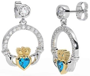 Diamond Topaz White Yellow Gold Claddagh Dangle Earrings