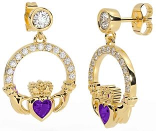 Diamond Amethyst Gold Claddagh Dangle Earrings