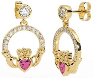 Diamond Pink Tourmaline Gold Claddagh Dangle Earrings