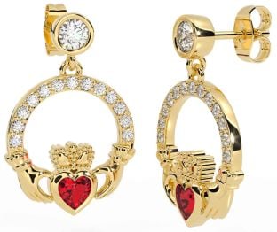 Diamond Ruby Gold Claddagh Dangle Earrings
