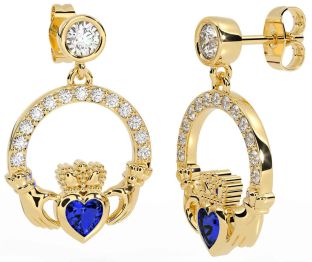 Diamond Sapphire Gold Claddagh Dangle Earrings