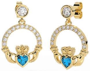 Diamond Topaz Gold Claddagh Dangle Earrings