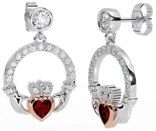 Diamond Garnet Rose Gold Silver Claddagh Dangle Earrings