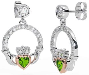 Diamond Peridot Rose Gold Silver Claddagh Dangle Earrings