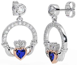 Diamond Sapphire Rose Gold Silver Claddagh Dangle Earrings