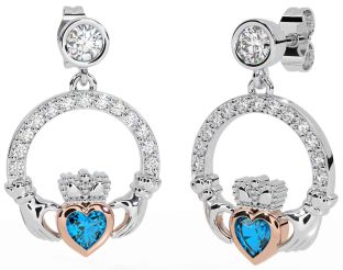 Diamond Topaz Rose Gold Silver Claddagh Dangle Earrings