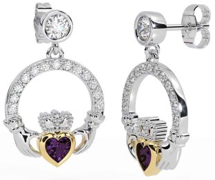 Diamond Alexandrite Gold Silver Claddagh Dangle Earrings