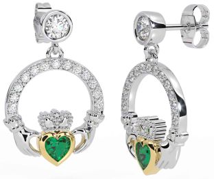 Diamond Emerald Gold Silver Claddagh Dangle Earrings