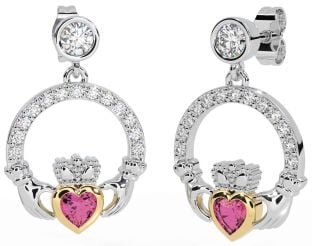 Diamond Pink Tourmaline Gold Silver Claddagh Dangle Earrings