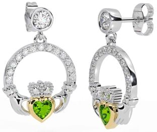Diamond Peridot Gold Silver Claddagh Dangle Earrings