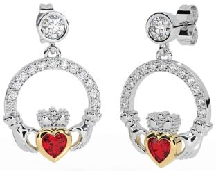 Diamond Ruby Gold Silver Claddagh Dangle Earrings